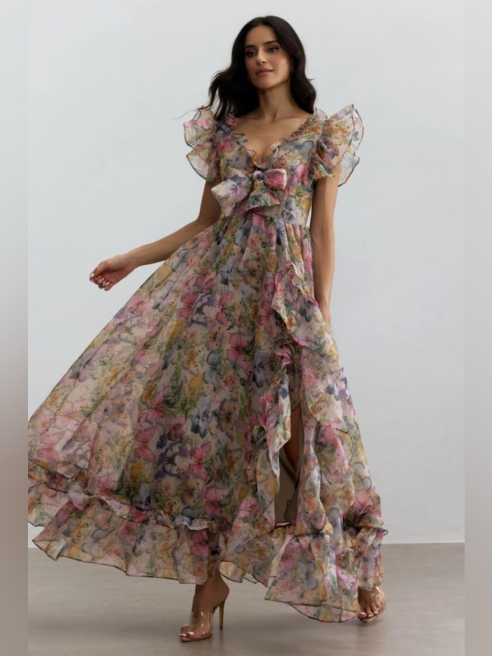Sarah Butterfly Print Ruffle Chiffon Maxi Dress